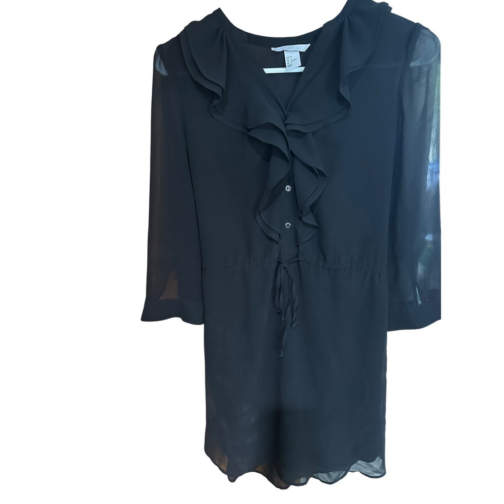 HM Black Chiffon Ruffle V-Neck Mini Dress Sheer 3/4 Sleeve Size 4